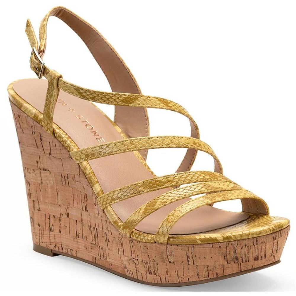 Sun + Stone Womens Natasha Yellow Faux Leather Wedge Sandals Shoes NWT
